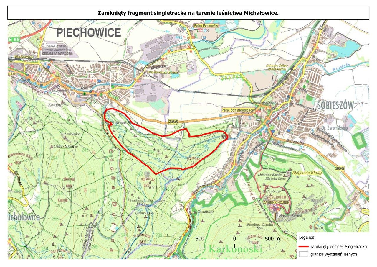 zamkniety fragment singletracka na terenie leśnictwa Michałowice